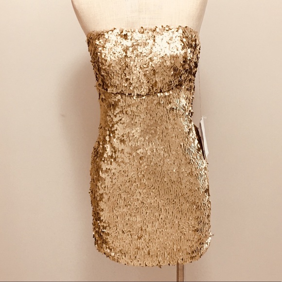 strapless gold sequin dress